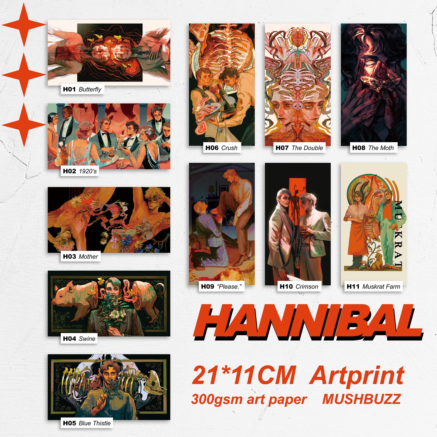 Hannibal Art Prints Set – 21×11cm Fan Art by Mushbuzz