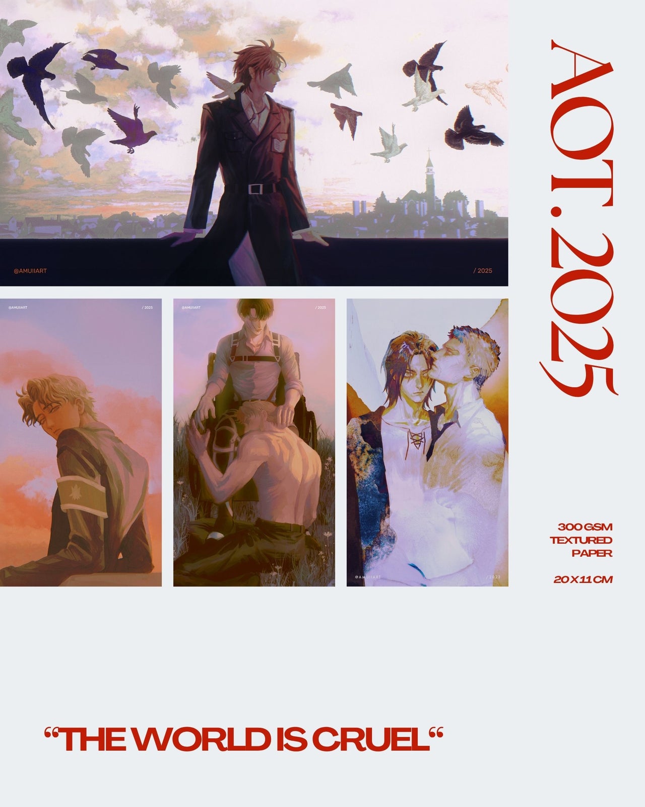 Collage of anime-style characters with a cityscape and birds in the sky, featuring text 'AOT.2025' and 'The World is Cruel'.